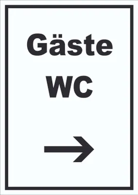 Produktbild von Gäste WC Schild mit Text und Richtungspfeil rechts Toilette hochkant A2 Rückseite selbstklebend