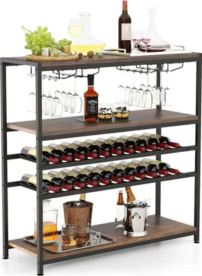 Produktbild von Weinregal & Flaschenregal - Freistehend 5 Ebenen - Mit Glashalter - Mit Ablagen - Für Wohnzimmer und Esszimmer - Schwarz
