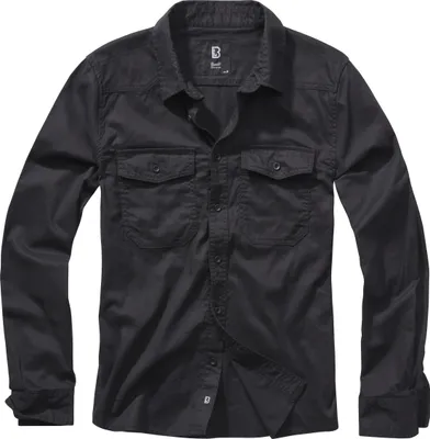 A black long-sleeved shirt with two chest pockets, laid flat against a white background.