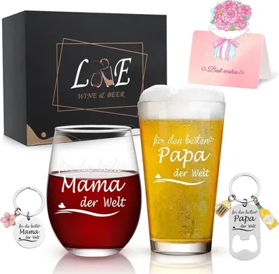 Produktbild von Personalisiertes Weinglas und Bierglas Set mit Gravur - Geschenke für Eltern, Mama und Papa, Muttertag, Vatertag, Geburtstag