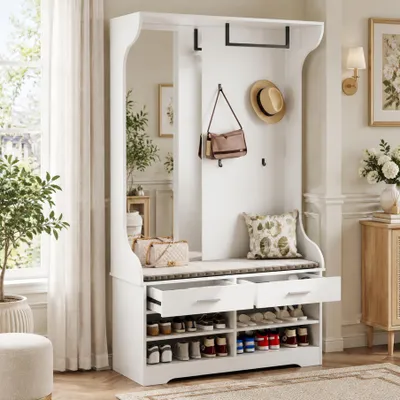 Productafbeelding van INONEFT Garderobe met 4 haken en 2 lades, kledingkastset met spiegel, schoenenkast met zitbank, kast voor de hal, wit