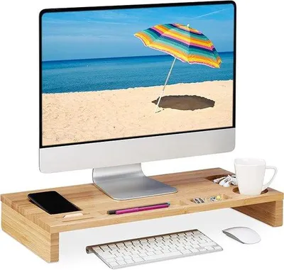 Produktbild von Famanu Monitorständer Bambus - 7 Fächer - Bildschirmverhöher für Büro - Natur