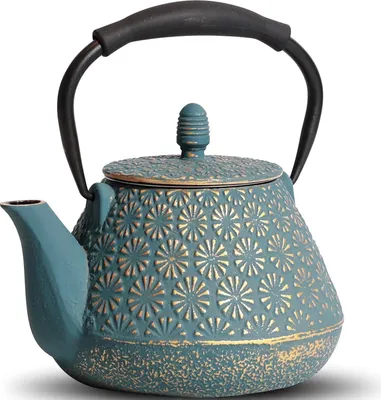 Productafbeelding van Gusseisen theepot, 950 ml, kersenbloesemmotief, geschikt voor gebruik op het fornuis, met infuser, blauw