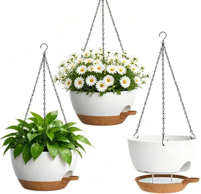 Produktbild von Pflanzenhänger 3 Stück, mit Drainagelöchern und Untersetzer, weiß, für Garten