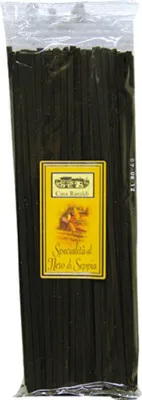 A package of black pasta with a yellow label.