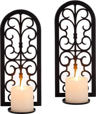 Zdjęcie produktu dla Zestaw 2 uchwytów na świece ściennych Unyqoos® – czarne, metalowe kandelabry ścienne, 33×14 cm, taca na świece o średnicy 9 cm, w zestawie śruby. Dekoracja ścienna w stylu vintage do salonu i sypialni