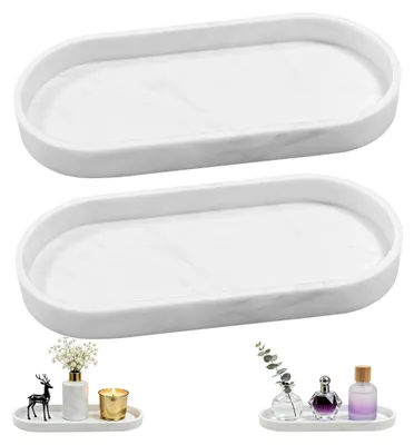 Produktbild von 2 Stück Badezimmer Tablett, Deko Ablageschale aus weißer Marmorierung Silikon, 25 x 11 cm oval rechteckige Tabletts, geeignet für Bad, Küche, Schminktische und Wohnzimmer