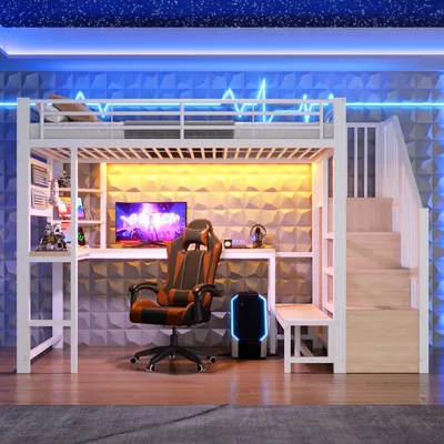 Produktbild von Flieks Etagenbett 90x200cm mit Schreibtisch und Lochwand, Hochbett Kinderbett mit Usb und Type-c, Jugendbett Metallbett mit Led, Einzelbett Weiß