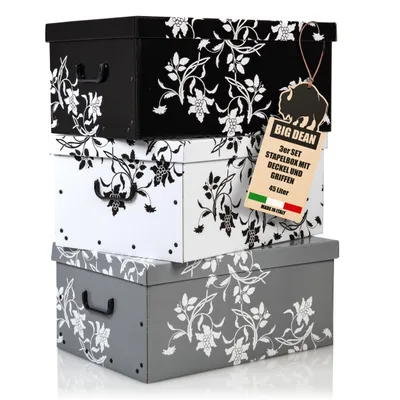 Produktbild von BigDean 3 Große Aufbewarhungsbox mit Deckel aus stabiler Pappe 45 Liter