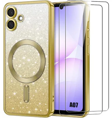 Image de Coque + 2 Verres Trempés pour Samsung Galaxy A07, Protection Scintillante avec Anneau Magnétique Doré