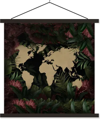 Produktbild von MuchoWow® Textilposter Weltkarte - Blumen - Rosa 40x40 cm mit schwarzem Rahmen - Fotos
