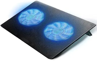 Produktbild von Laptopkühlstandaard für 12-15,4 Zoll Notebooks mit zwei LED-Lüftern und USB-Ladegerät.