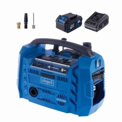 Produktbild von Scheppach Hybrid-Kompressor Airforce 6 - 10,3bar | ölfrei | 2 USB-Anschlüsse | 3 Antriebsarten | inkl. 4Ah Akku + 2,4A Ladegerät