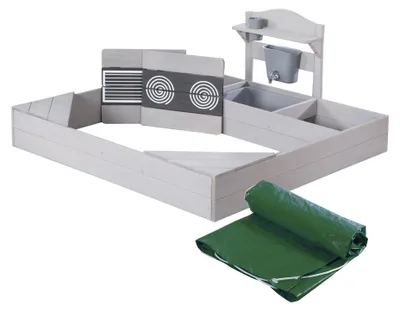 Produktbild von roba Sandkasten aus Holz inkl. Matschküche & Abdeckplane - Sandkiste mit Spielwanne & bedruckten Herdplatten - Wetterfestes Holz grau lasiert