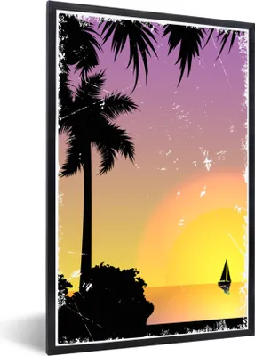 Produktbild von MuchoWow® MuchoWow® Gerahmtes Poster Boot - Segeln - Palme - Nacht 40x60 cm - Poster mit zchwarzem Bilderrahmen - Papierdruck - Wandbilder