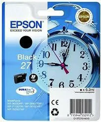 The image shows the packaging of an Epson ink cartridge, with a prominent image of an alarm clock.