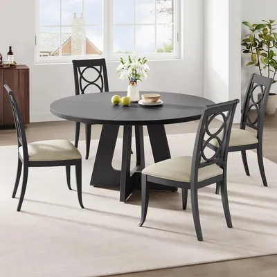 Obrázok produktu pre Krúhly jedálenský stôl - Drevený stôl, priemer 120 cm - Pre 4-6 osôb - S nohami v tvare stĺpa - Moderný, minimalistický dizajn - Vhodný do jedálne a kuchyne - Čierna farba