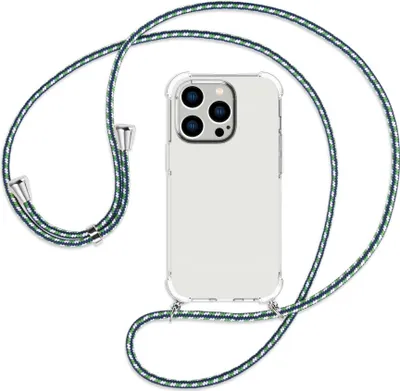 Produktbild von Handykette Backcover-Schutzhülle mit Band (Metall silberfarben) für Apple iPhone 14 Pro (6.1'') - grün/blau/weiß