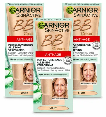 Imagen del producto de 3 unidades de crema BB antiedad Garnier SkinActive, tono claro - Crema de día con color, 50 ml - Paquete ahorro