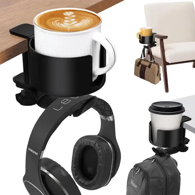 Produktbild von 2-in-1 Headset Halterung & Getränkehalter Tisch - Für Bürobedarf - Kein Verschütten mit 360-Grad-Drehhaken