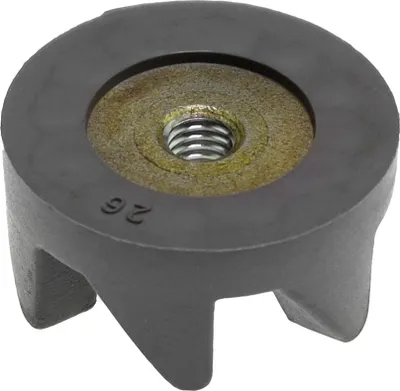A close-up studio shot of a black blender coupling with a metal threaded insert.