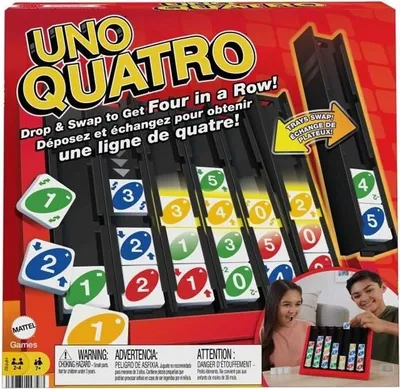 Produktbild von UNO Quatro Mattel Games Familienspiel, Karten Spiel, 4-Gewinnt Ausrichtung, ab 7 Jahren
