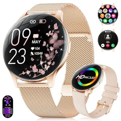 Produktbild von Smartwatch Damen 2026 mit Anrufen - 7,99 mm Ultra-Dünne Elegante Fitness Armbanduhr mit 1,43 Zoll HD Always-On Display, IP68 Wasserdicht, 100+ Sportmodi, Frauengesundheit für iOS Android, Roségold