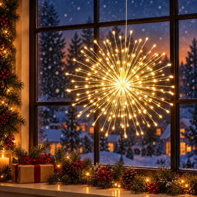 Productafbeelding van 1x 200 LED sterrenvormige lichtjes, warm wit, lichtketting voor vuurwerkdecoratie, koperdraad, raamdecoratie, hanglamp, decoratie, 8 modi, dimbaar, met afstandsbediening, kerstdecoratie