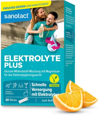 Produktbild von sanotact Elektrolyte Plus (20 Beutel) - Elektrolyt Pulver für Flüssigkeitshaushalt - Kalium & Magnesium für Elektrolytgleichgewicht - 100% Vegan