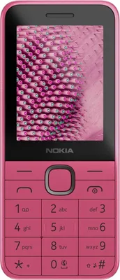 A pink Nokia feature phone is shown from the front against a white background.