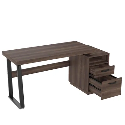 Produktbild von Merax Schreibtisch 135x54cm mit MDF-Holzoptik schwarzem Metallrahmen, moderner Bürotisch mit Schublade, offenem Fach Ordnerbereich, für Homeoffice