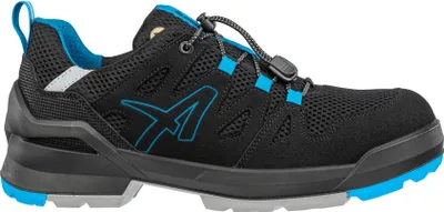 A side view of a black and blue safety shoe.