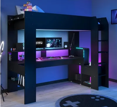 Produktbild von Kombiniertes Kinder Hochbett mit LED Gamer ONLINE – 90 x 200 cm – Matt-Schwarz – Lattenrost inklusive – PARISOT