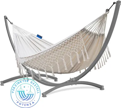 Produktbild von Potenza Outdoor Hängematte mit Verzinkter Gestell für 2 Personen I Baumwolle Doppelhängematte XXL 220x160, 200kg I Grau Hängemattengestell 220kg, wetterfest