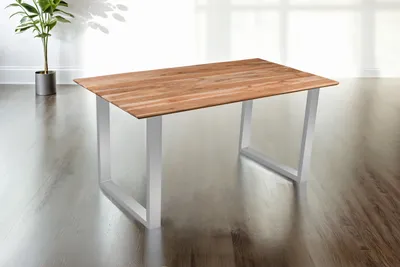 Produktbild von Refurbished Möbelretoure Esstisch 160x85cm Akazie massiv eichenfarben schweizer Kante U-Gestell silber DEAN
