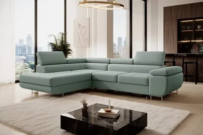 Produktbild von Ecksofa WILD L-Form mit Bettkasten und Schlaffunktion Easy Clean Castel-Stoff mit verstellbaren Kopfstützen, seite rechts 275x203x90 cm