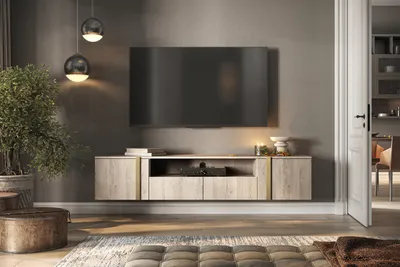 Zdjęcie produktu dla Szafka RTV Verica 200 cm wisząca z szufladami – dąb biszkoptowy/złoto