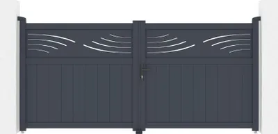 A double-leaf gate made of aluminum, shown from the front on a white background.