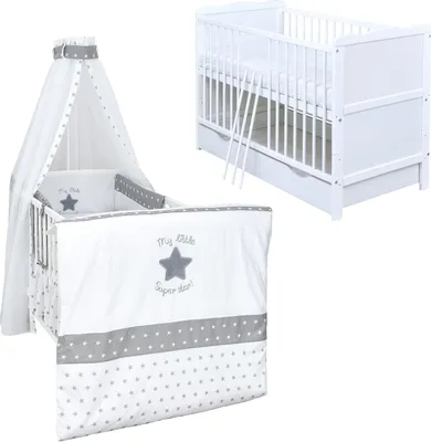 Produktbild von Baby-Delux Babybett Kinderbett Jack 140×70 weiß inkl. Schublade Bettwäsche komplett Set Superstar
