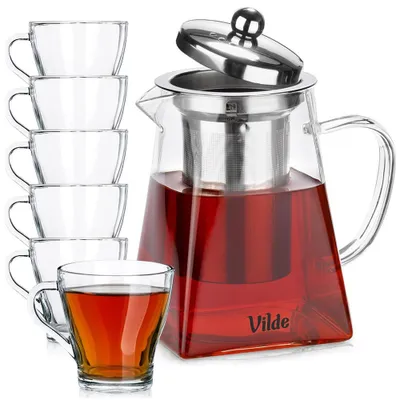 Obrázok produktu pre Vilde | Čajová kanvica so sitkom 730 ml - Sklenená kanvica so 6 pohármi 250 ml - Vhodné do umývačky