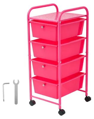 Image de Chariot de rangement SucceBuy avec 4 tiroirs, dimensions 330x390x815 mm, couleur rose, structure métallique, plateau de rangement, poignées, roulettes pivotantes avec 2 freins. Chariot de rangement mobile pour bureau, atelier et salle de classe