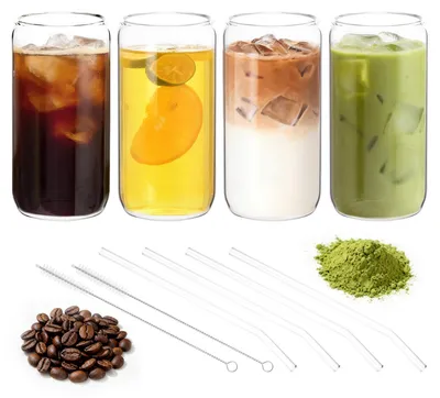 4er-Set Trinkgläser 500 ml mit Strohhalmen, Glas, spülmaschinengeeignet