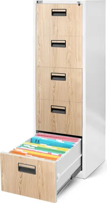 A filing cabinet with one drawer pulled out, showing hanging files.