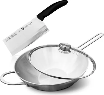 Produktbild von Zwilling TwinNova³ Wok 30cm mit Glasdeckel & Hackmesser – 3-teiliges Edelstahl-Pfannenset, Induktion geeignet, kratzfest, unbeschichtet, spülmaschinenfest