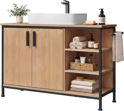 Produktbild von Waschbeckenunterschrank, Badezimmerschrank mit Schubladen 3 offenen Fächern, 90x60x30 cm