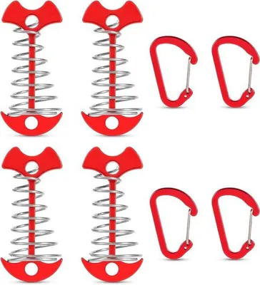 Zdjęcie produktu dla 4 sztuki aluminiowych kotwic z karabińczykiem – haki turystyczne z rozwidleniem do biwakowania i wędrówek (czerwone)