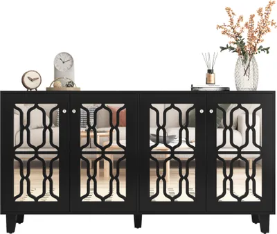 Immagine prodotto di Credenza a specchio con eleganti maniglie in cristallo, quattro ante e ripiani rimovibili in laminato. Per soggiorno e sala da pranzo, 160 x 40 x 84 cm