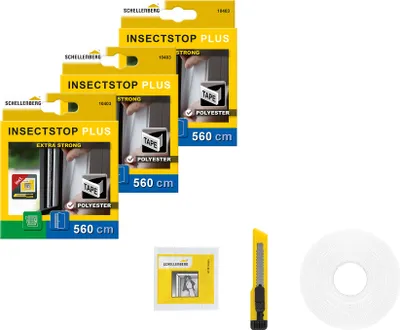 Produktbild von Schellenberg 3er Pack 10403 Befestigungsband-Set für Fliegengitter aus Polyester, Klettband selbstklebend transparent, Bandlänge 5,6 m