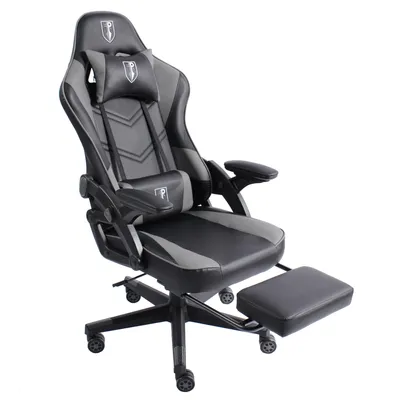 Produktbild von Gaming Stuhl im modernen Racing-Design mit ausziehbarer Fußstütze Gaming Chair mit verstellbaren Design Armlehnen ergonomischer Schreibtischstuhl mit extra Stützkissen,Farbe:Schwarz/Grau