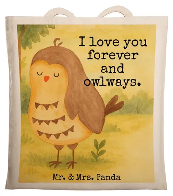 Produktbild von Mr. & Mrs. Panda Shopping Tasche Eule Zufrieden Design - Weiß - Geschenk, Wortspiel, Laptoptasche, Hochzeitstag, Jutebeutel, Liebesspruch, Romantisch, Owl, Tote Bag